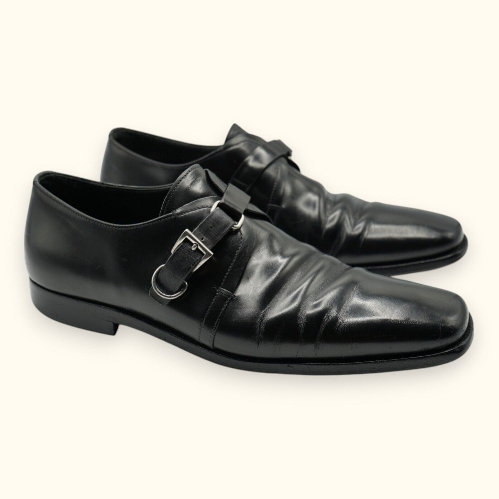 PRADA Mainline Leather Monks Black Leather Dress Shoes Loafers Size‎ 7.5 Italy